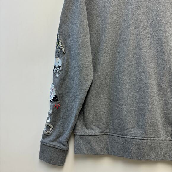 The Kooples Gray Crewneck Skull Embroidered Sleeve Sweatshirt Sz M - Picture 6 of 9